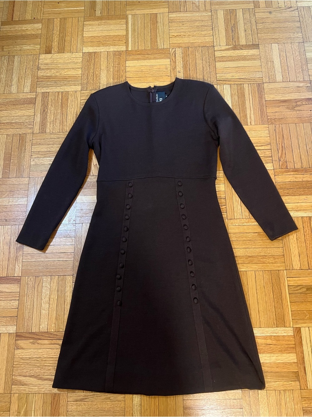90s Chocolate Nina Charles by Kasper Long-Sleeve Dress with Button-Trim Panel M